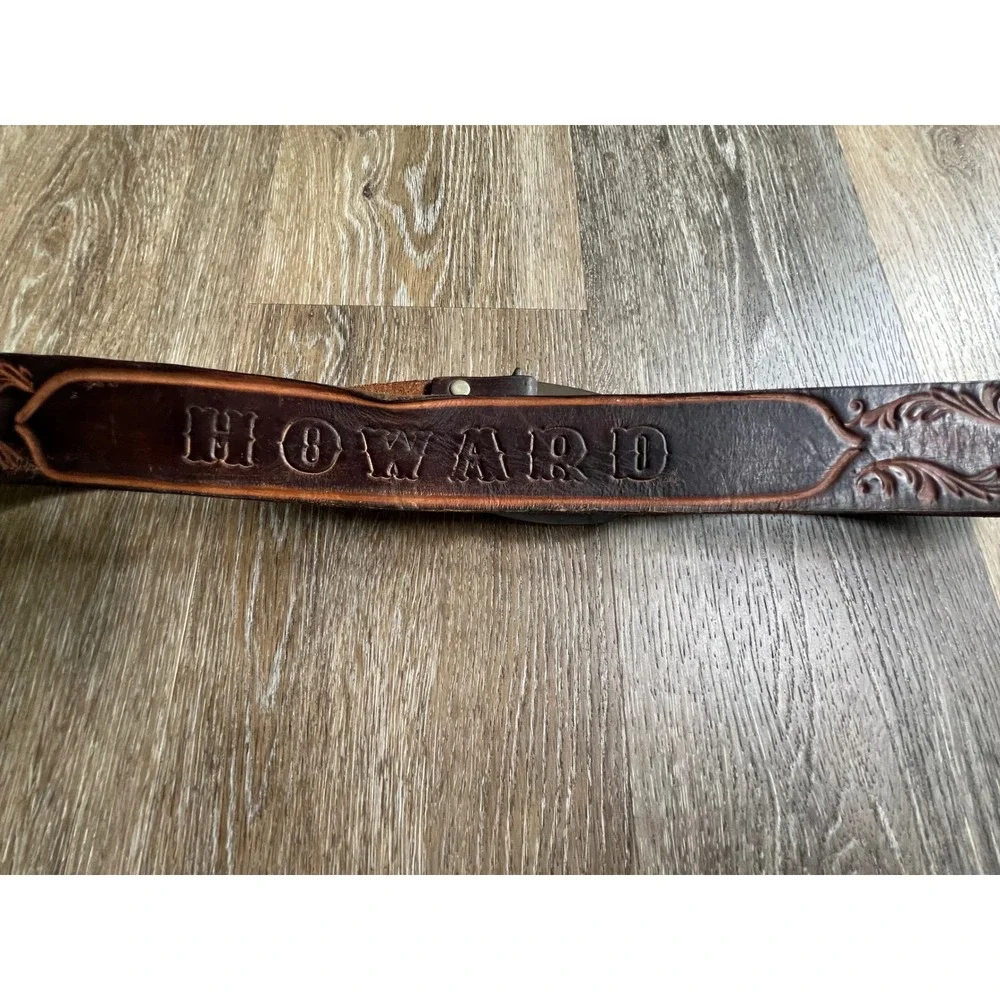 Unbranded Tooled Leather Belt Unisex 32-36 Brown Floral Western Tiger Eye Buckle